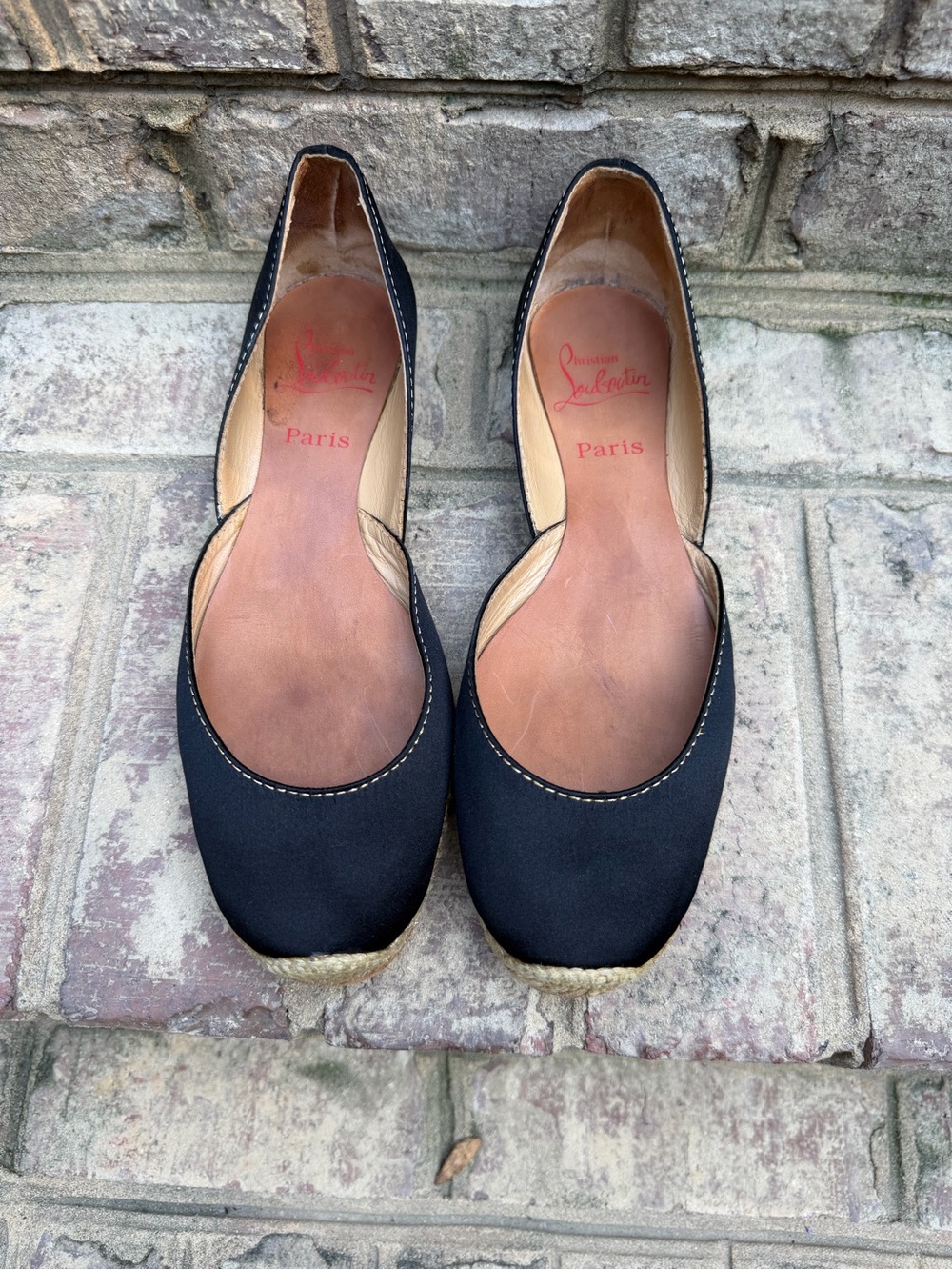 Christian Louboutin Black Satin D’Orsay Espadrille Flats Red Sole US 9 9.5